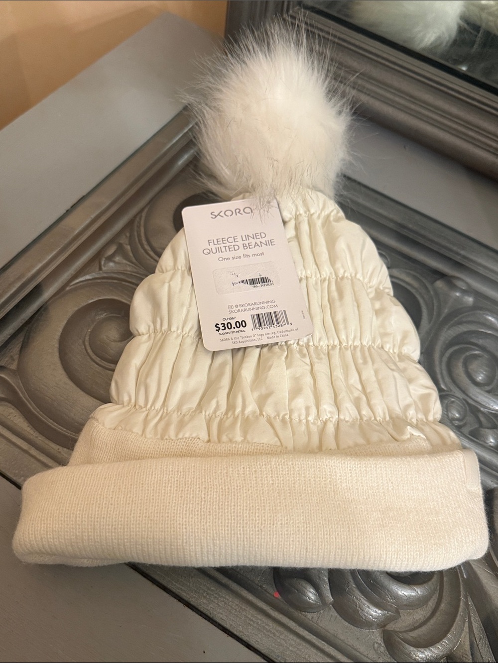 Skora Fleece Lined Quilted Pom-Pom Beanie White